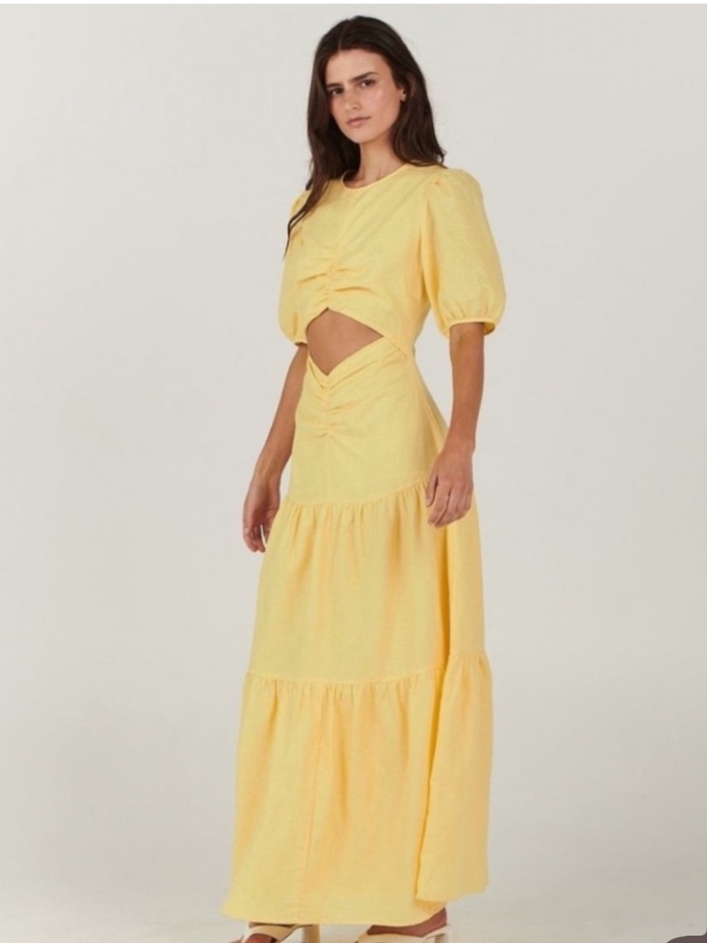 NWT Charlie Holiday Alfie Yellow Linen Cutout Puff Sleeve Maxi Dress 6